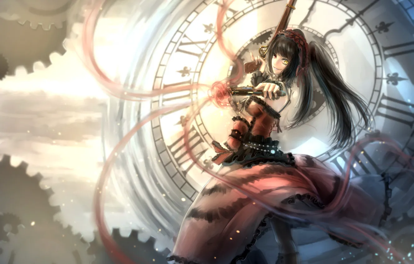 Photo wallpaper girl, weapons, watch, art, dial, revolvers, kikivi, date a live