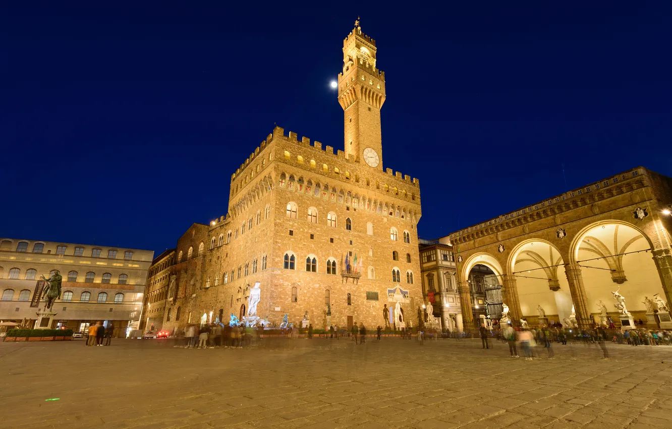 Photo wallpaper the sky, lights, the evening, Italy, sculpture, Florence, David, Palazzo Vecchio