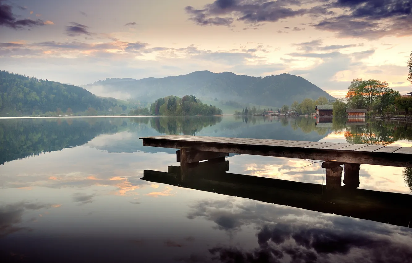 Photo wallpaper forest, lake, reflection, dawn, hills