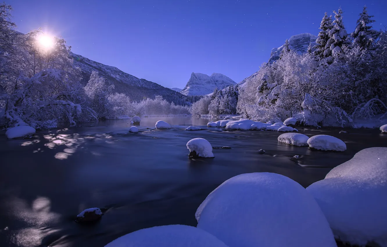 Photo wallpaper winter, snow, mountains, river, Norway, Norway