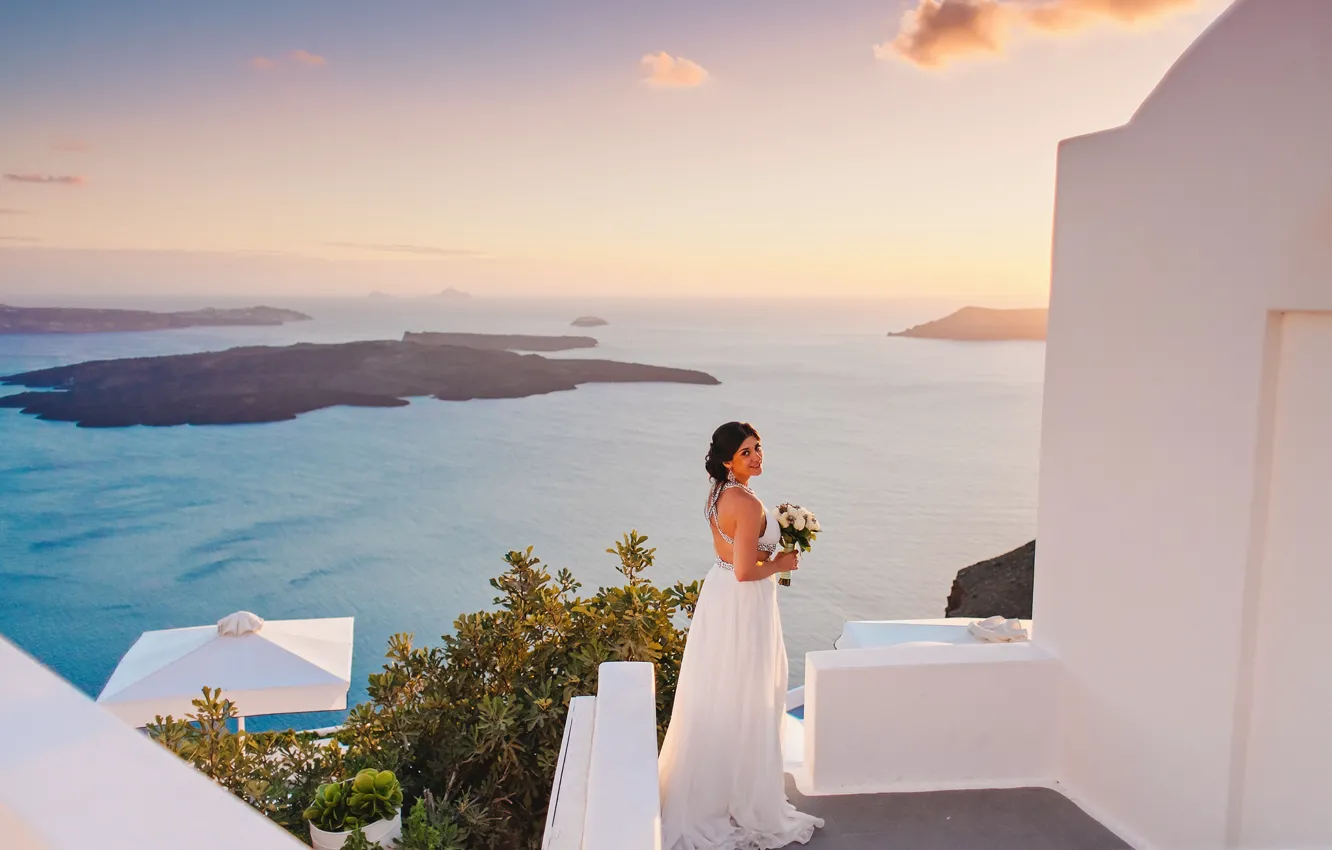 Photo wallpaper the sky, water, girl, flowers, smile, bouquet, dress, hairstyle