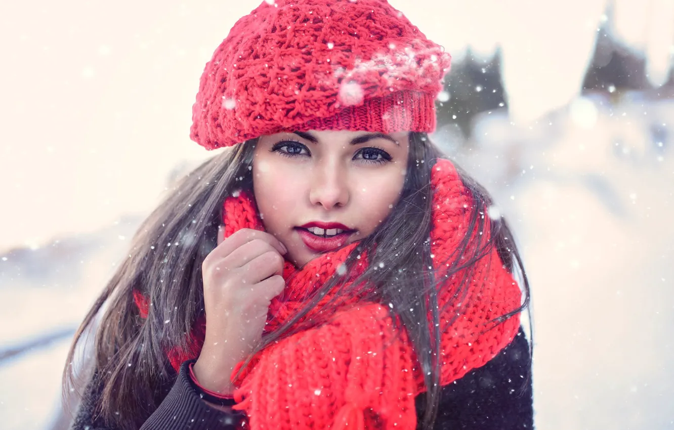 Photo wallpaper winter, girl, snow, makeup, scarf, brunette, takes, Nya