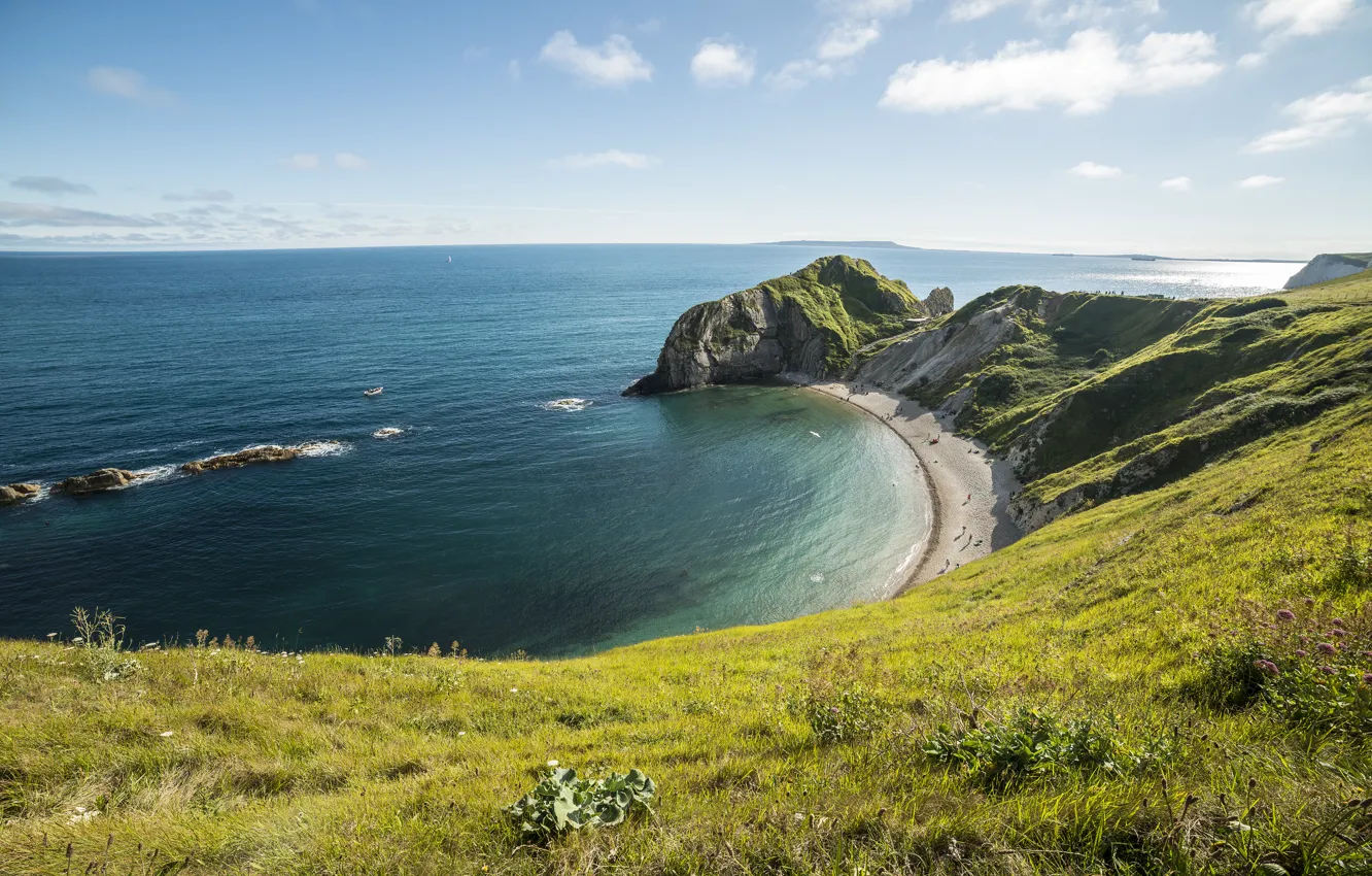 Photo wallpaper sea, the sky, grass, the sun, clouds, stones, rocks, coast