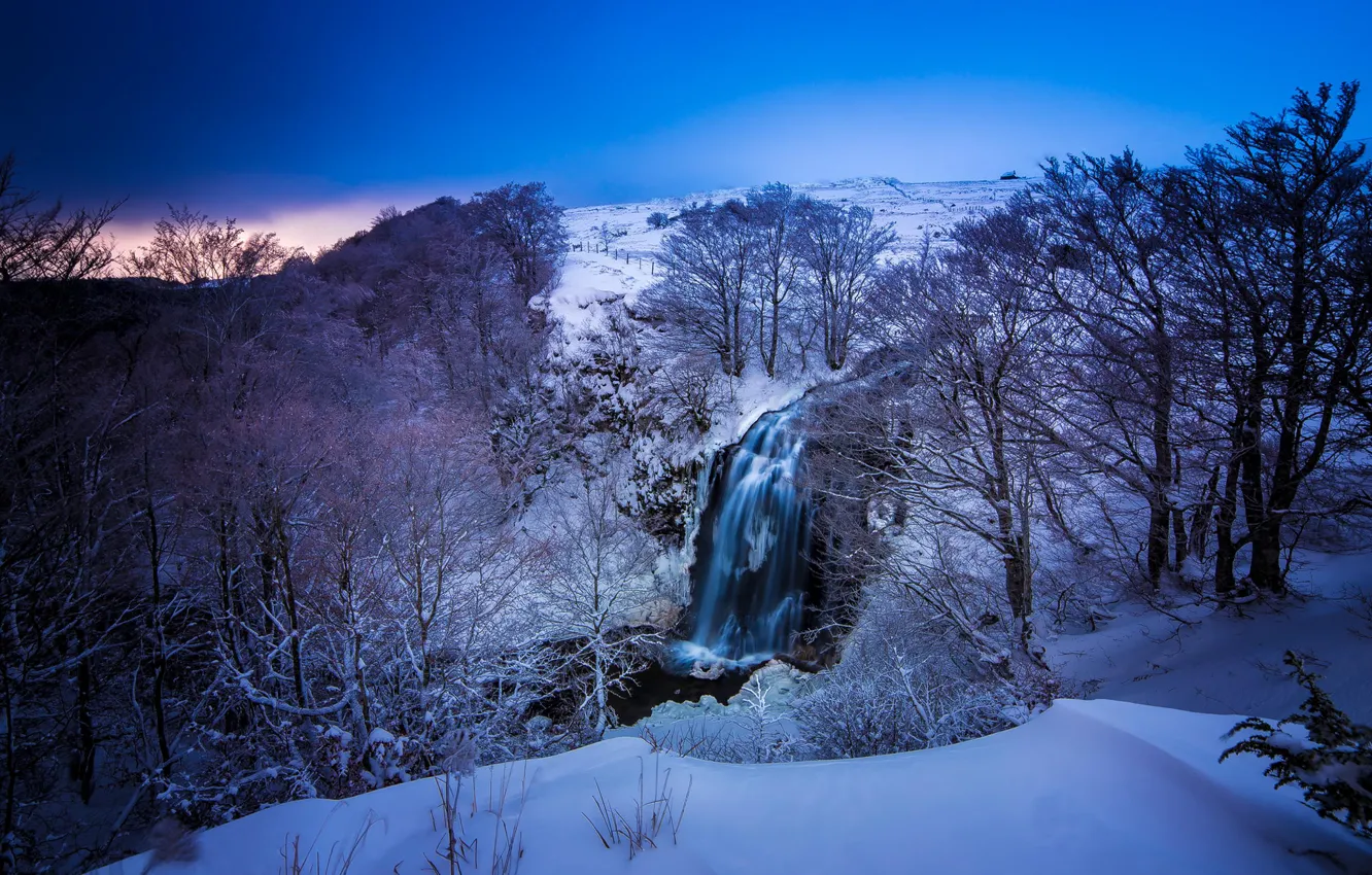 Photo wallpaper winter, snow, trees, landscape, mountains, nature, river, blue