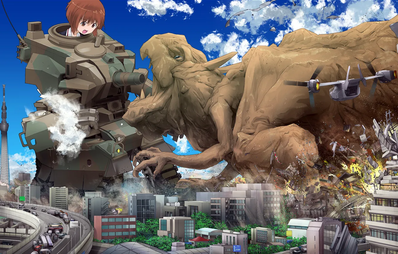 Photo wallpaper tower, home, destruction, girl, Tokyo, Godzilla, combat robot