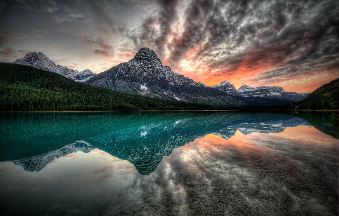 Photo wallpaper sunset, mountains, lake, reflection, Canada