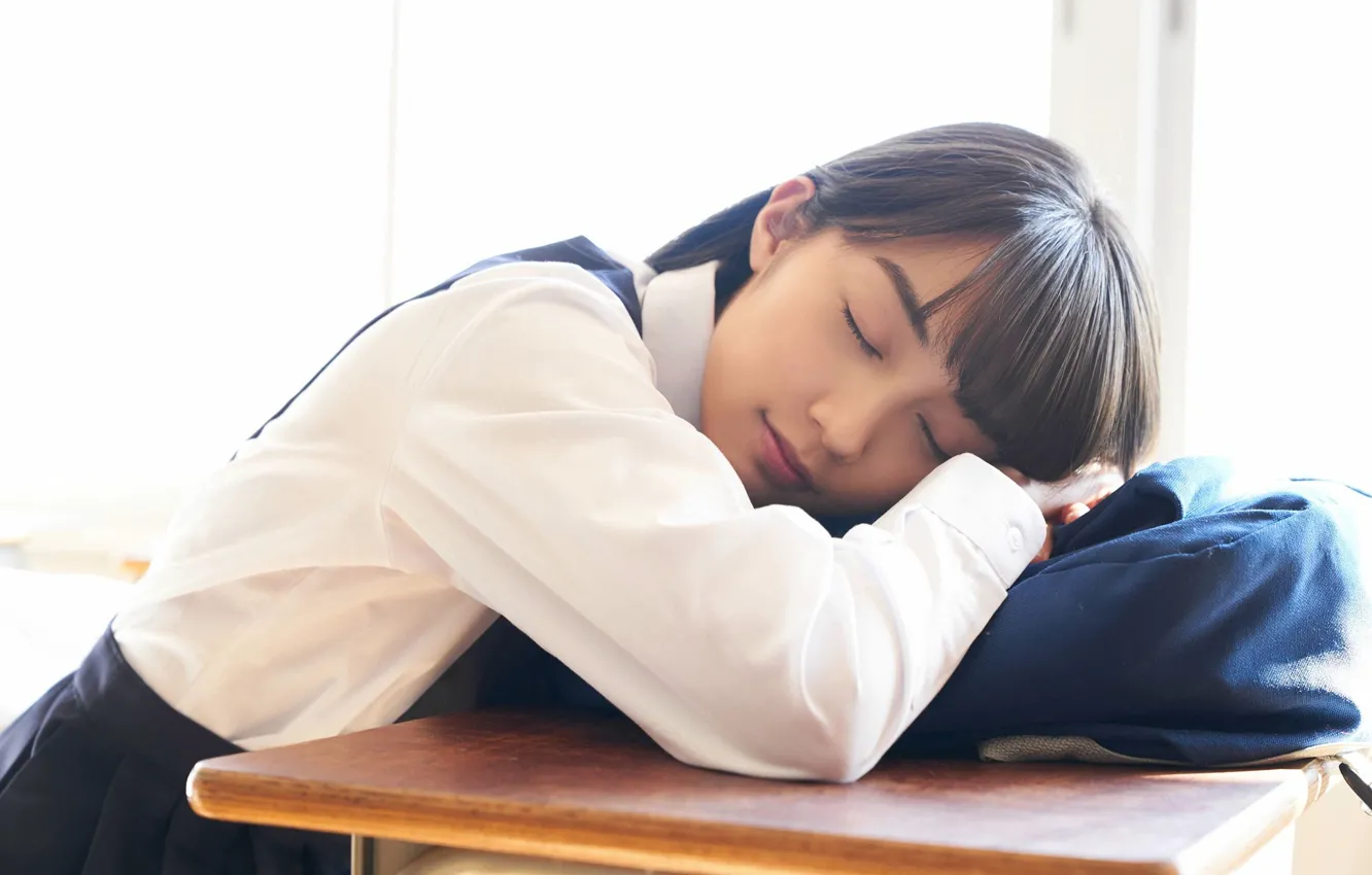 Photo wallpaper woman, model, asian, bag, sleeping, japanese, uniform, desk