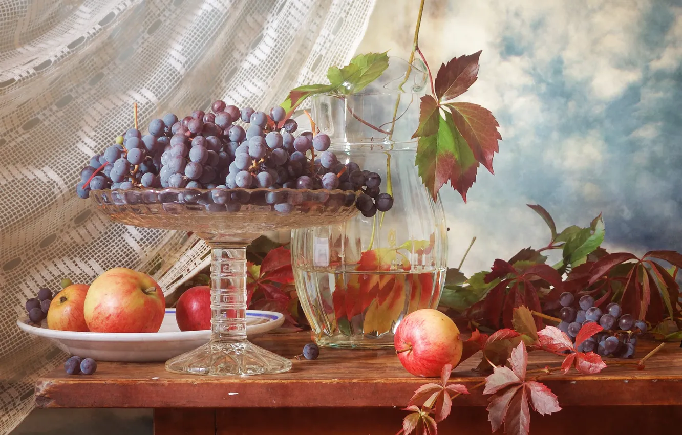 Photo wallpaper the sky, leaves, table, apples, grapes, curtains, pitcher, fruit