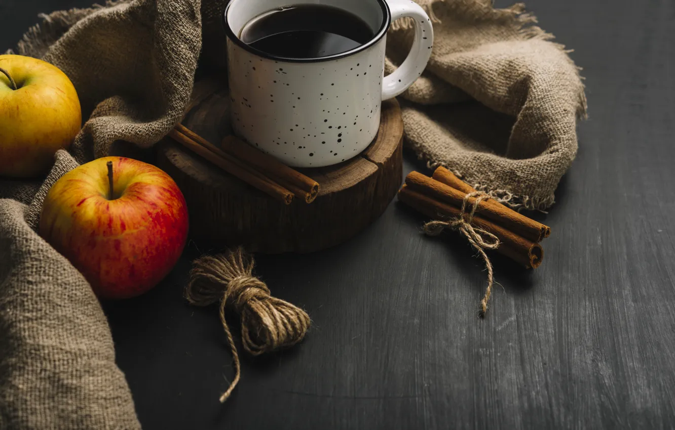 Photo wallpaper autumn, leaves, background, tree, apples, coffee, colorful, mug