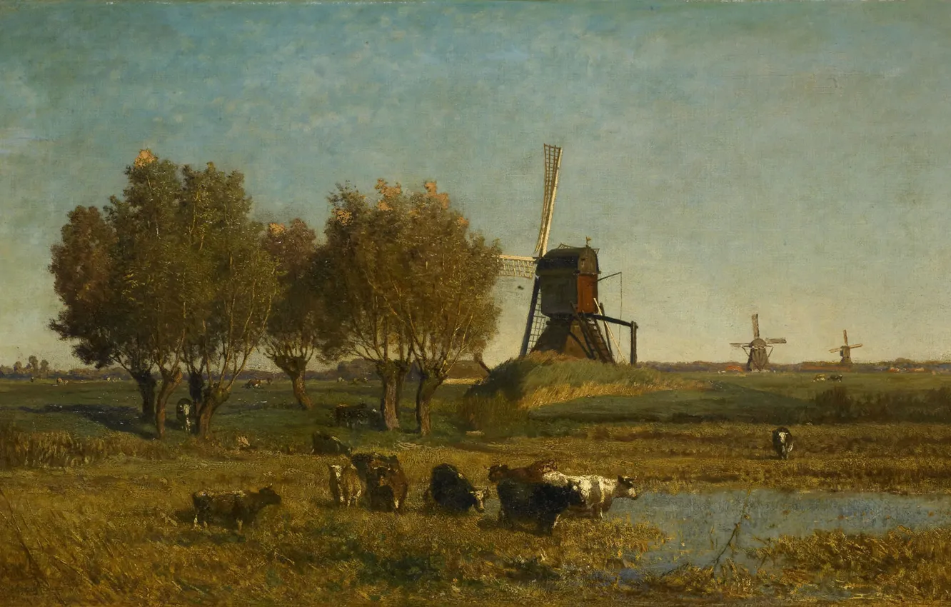 Photo wallpaper trees, stream, picture, Paul Joseph Constantine Gabriel, Landscape with three Windmills