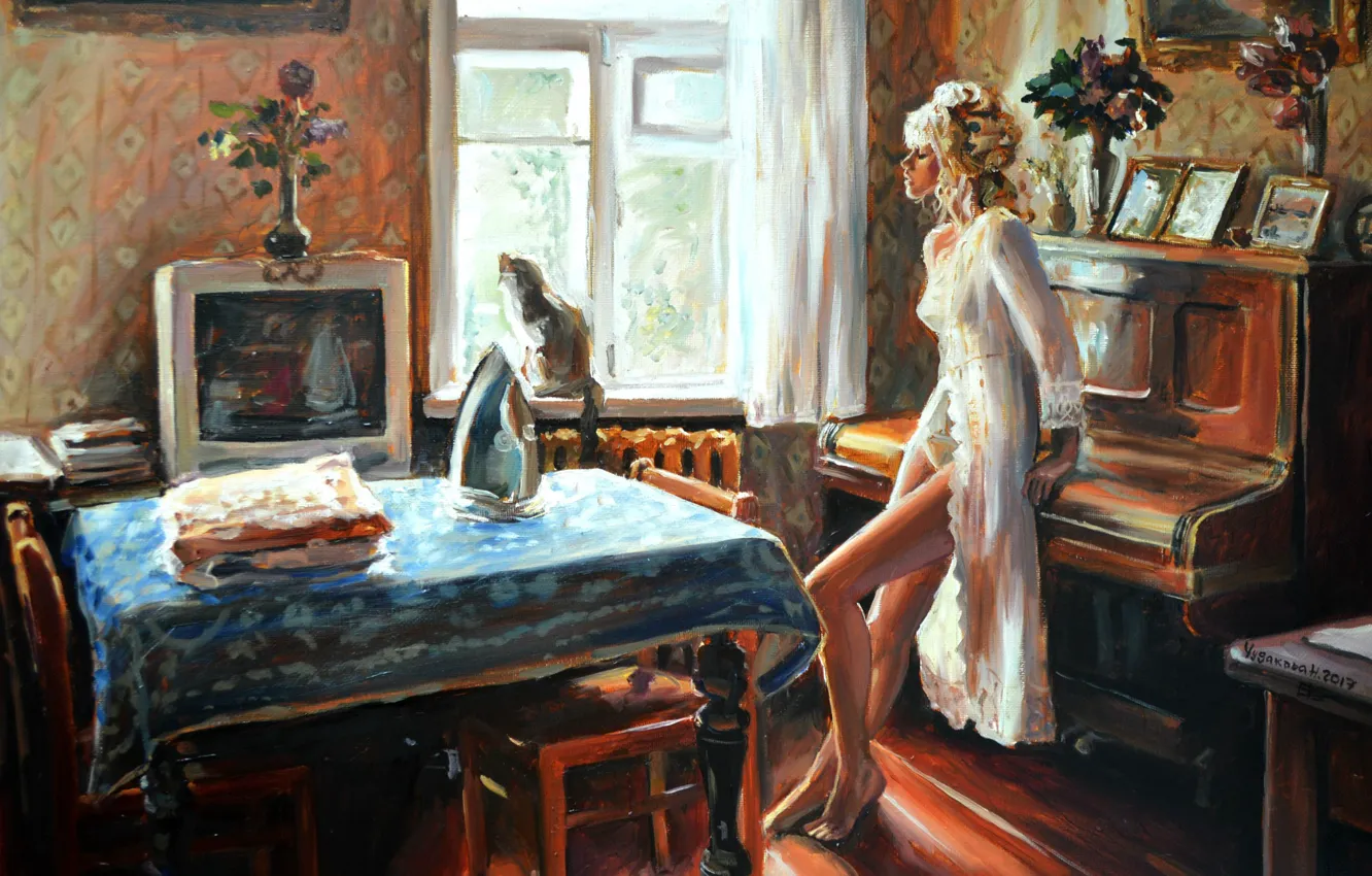 Photo wallpaper girl, art, flowers, plan, window, painting, interior, blonde