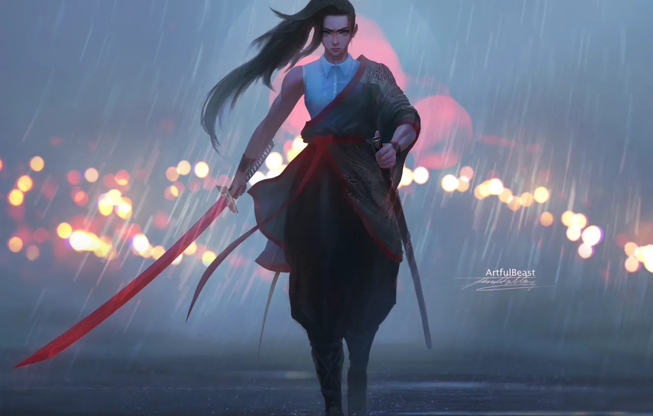 Photo wallpaper girl, sword, fantasy, rain, weapon, blue eyes, ponytail, katana