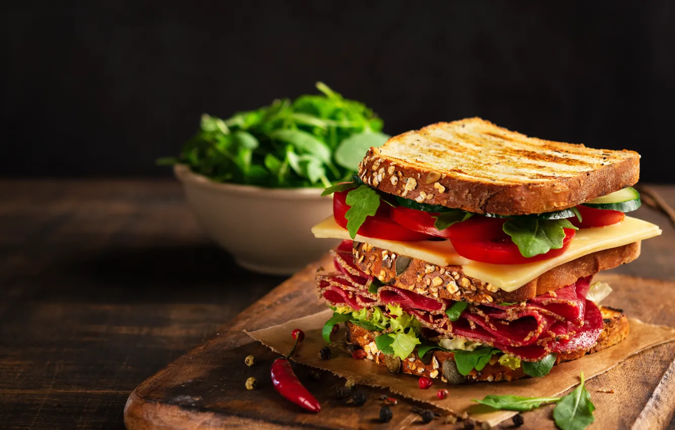Photo wallpaper sandwich, sandwich, salami, vegetables, cheese