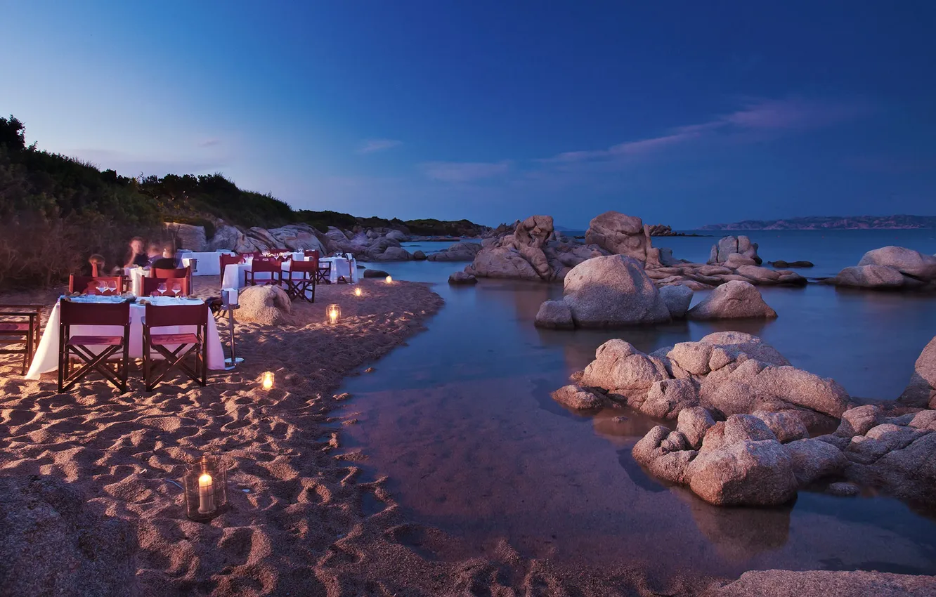Photo wallpaper sea, stones, the evening, candles, Italy, resort, Sardinia, sandy beach