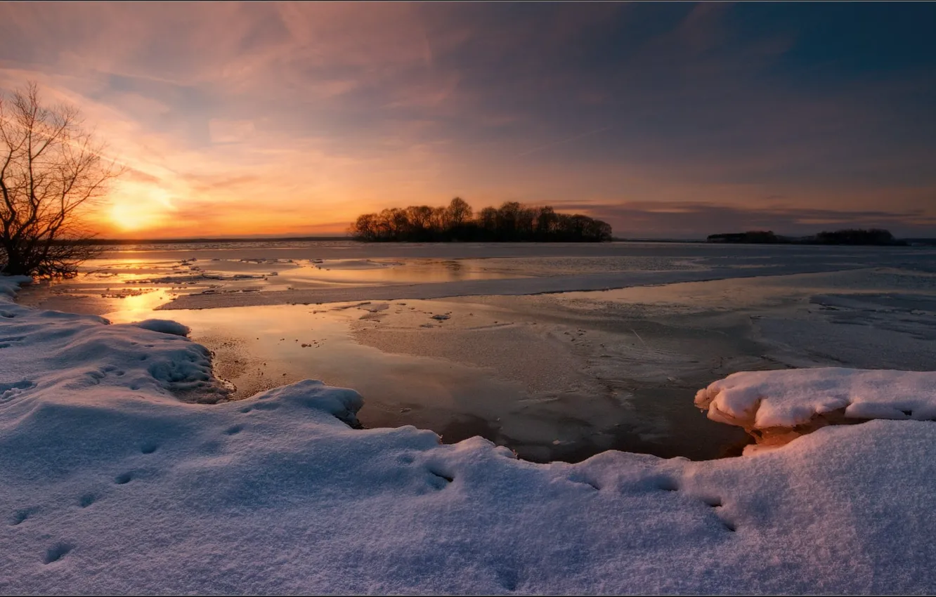 Photo wallpaper winter, snow, sunset, lake, the evening