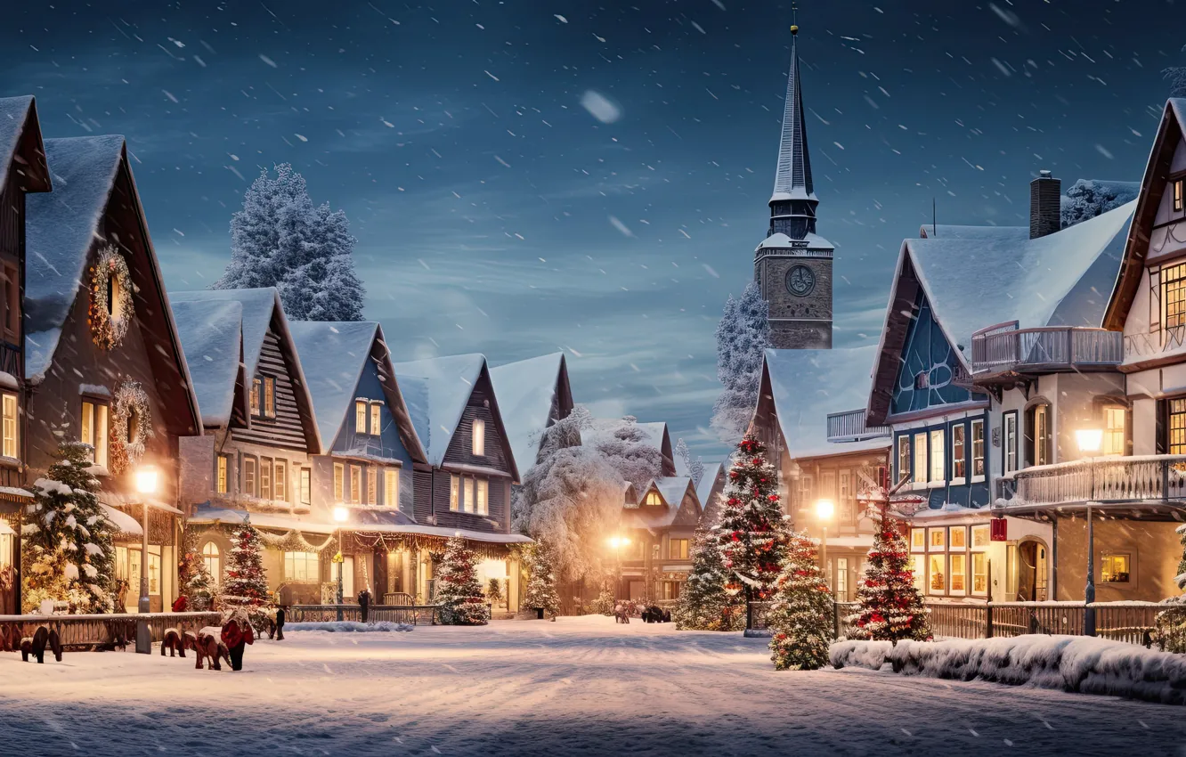 Photo wallpaper winter, snow, decoration, night, the city, lights, street, tree