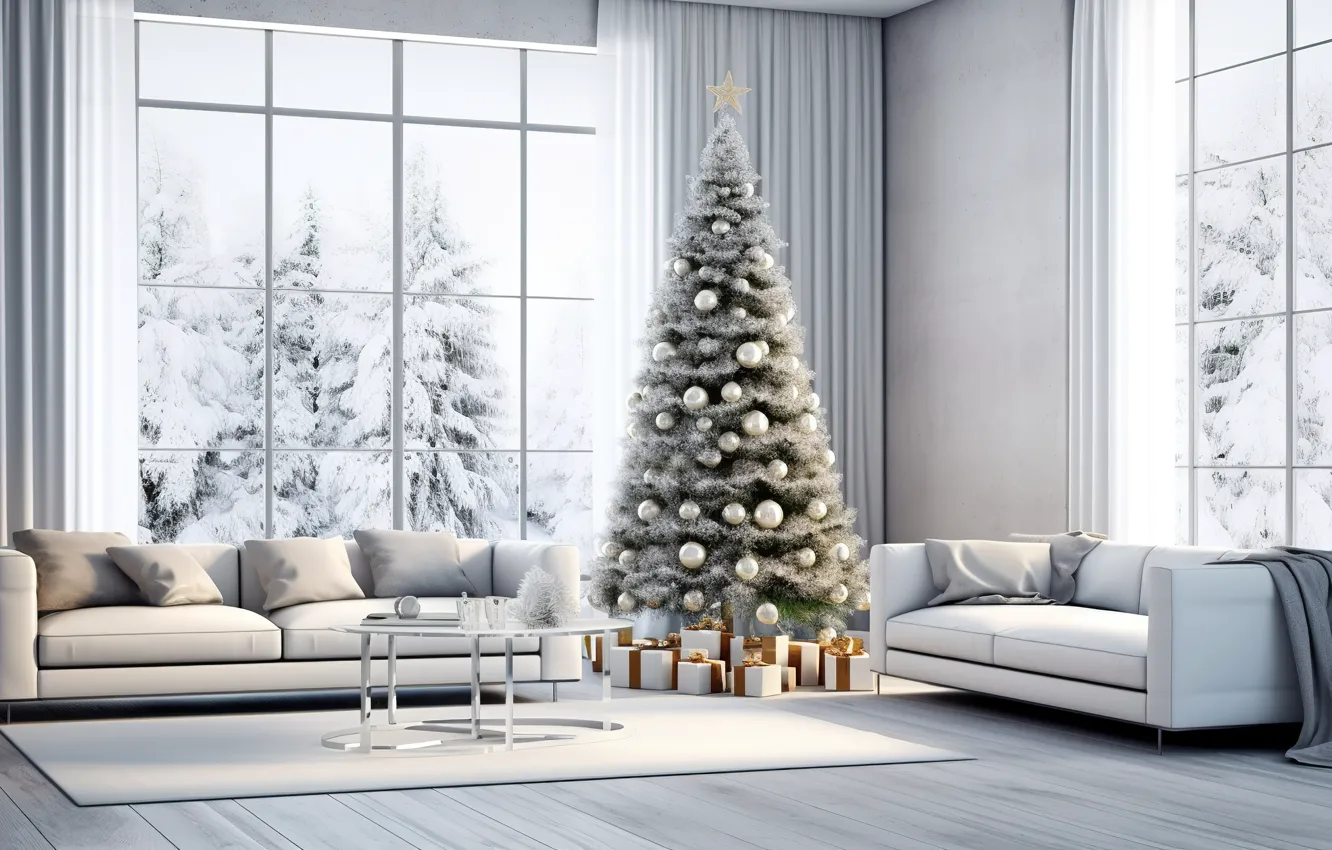 Photo wallpaper winter, decoration, room, gift, balls, tree, new year, interior