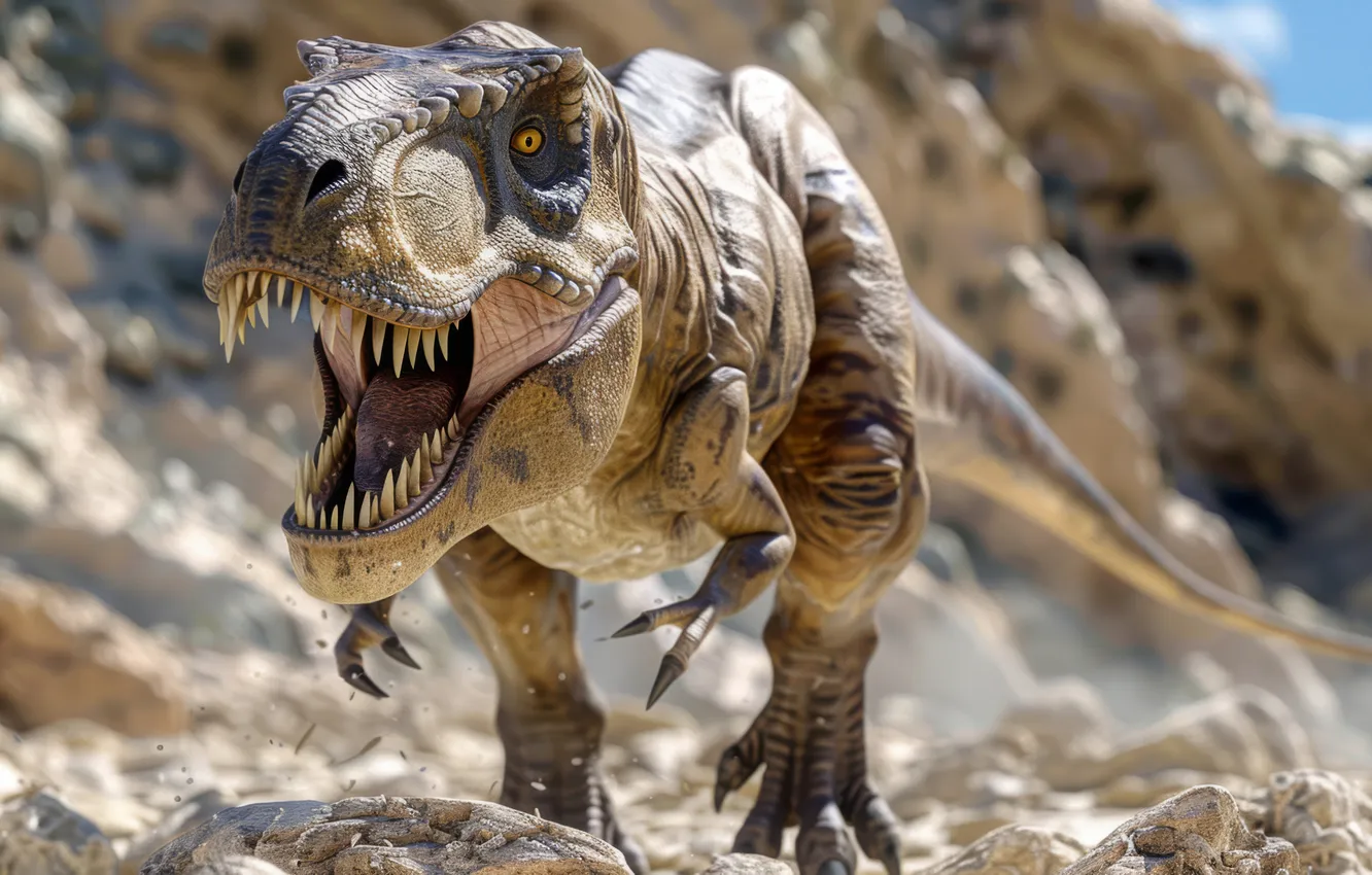 Photo wallpaper face, mountains, stones, animal, dinosaur, predator, teeth, grin