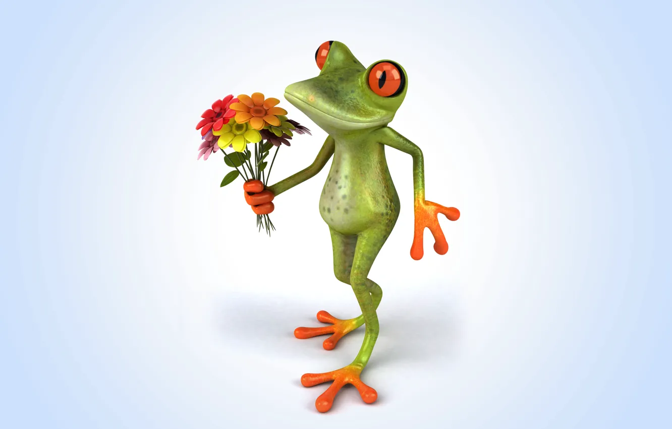 Photo wallpaper flowers, frog, frog, funny