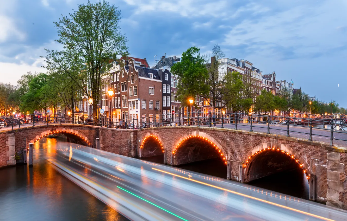 Photo wallpaper bridge, lights, home, Amsterdam, channel, Netherlands