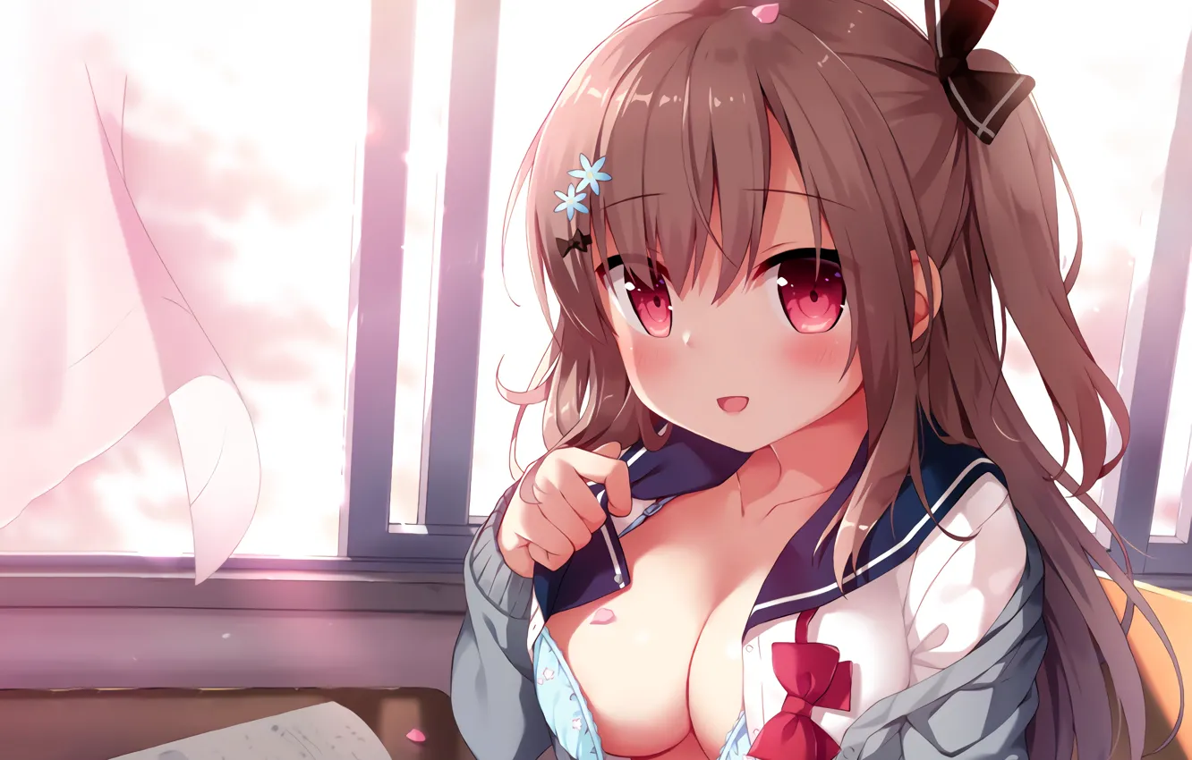 Photo wallpaper girl, sexy, cleavage, school uniform, long hair, brown hair, boobs, anime