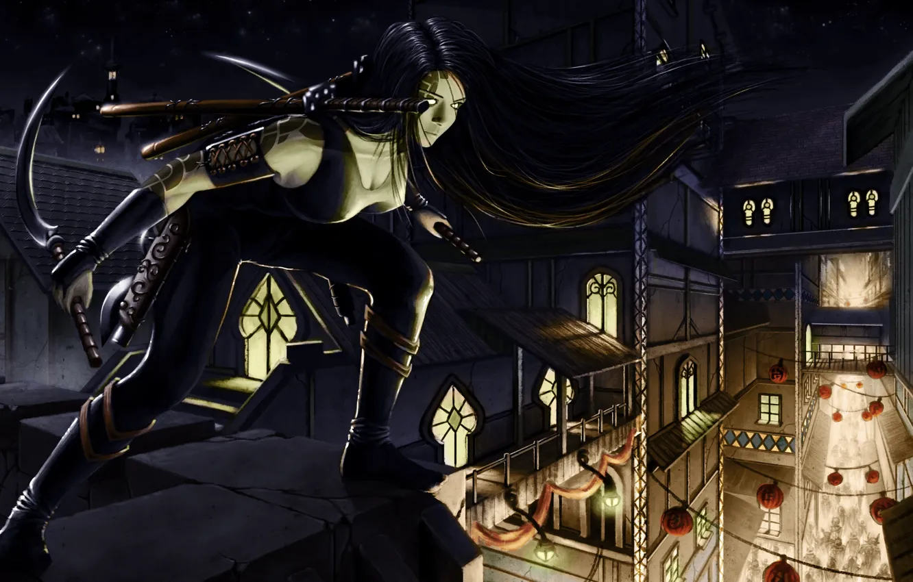 Photo wallpaper roof, girl, night, the city, weapons, tattoo, art, lights