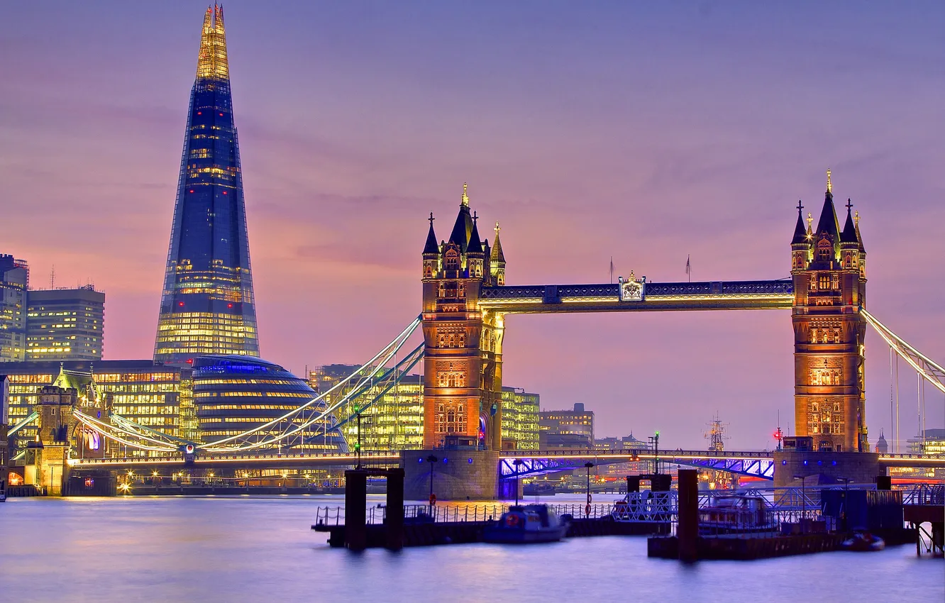 Photo wallpaper lights, England, London, the evening, twilight, Tower bridge
