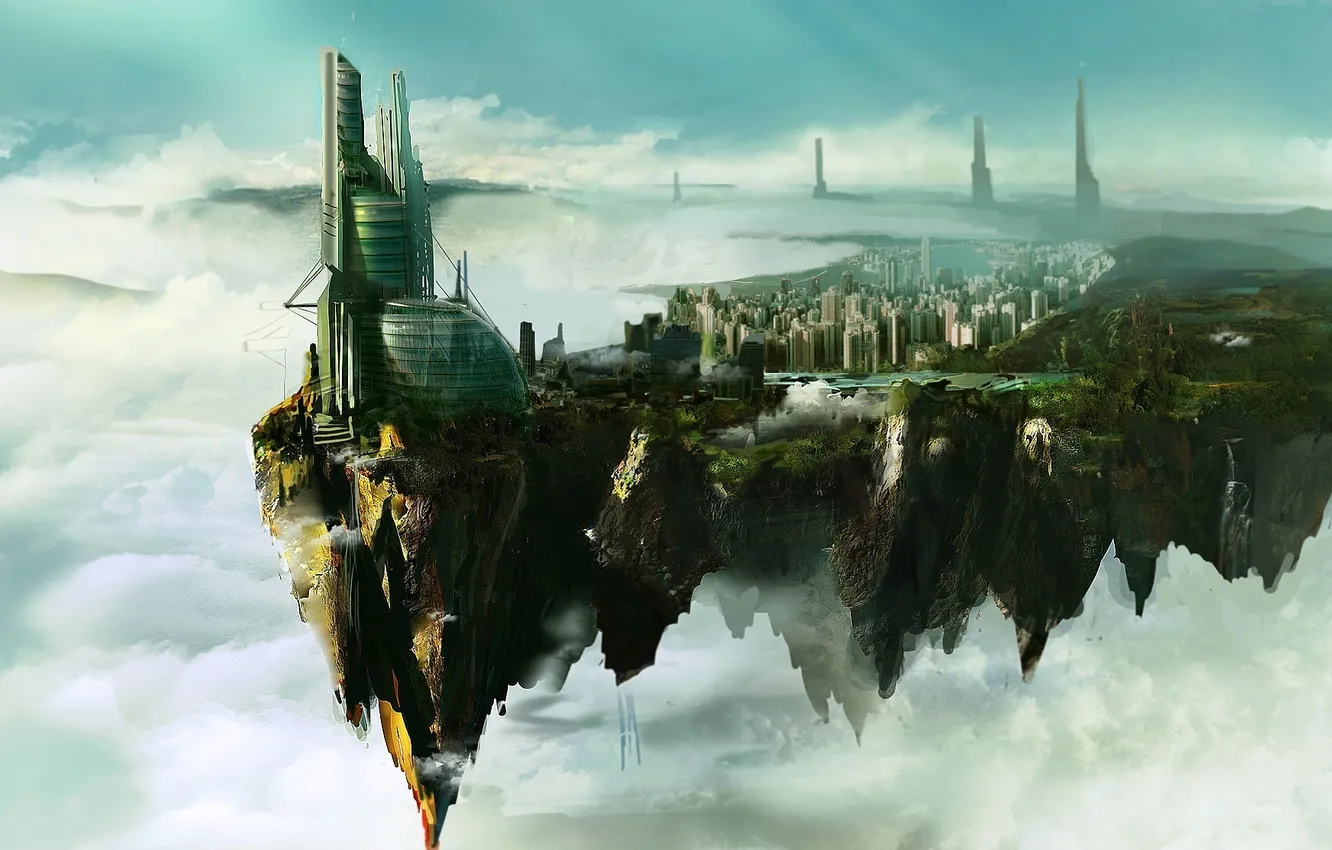 Photo wallpaper the sky, the city, height, art, In the clouds