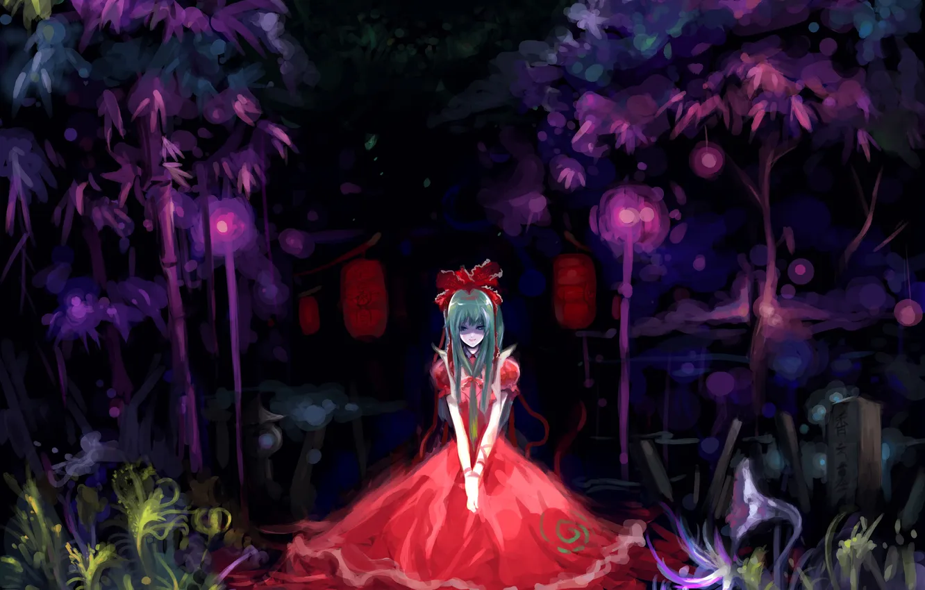 Photo wallpaper girl, trees, flowers, night, the moon, plant, art, flashlight