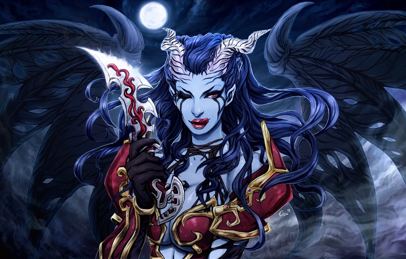 Photo wallpaper girl, night, wings, horns, dota, blade, Defense of the Ancients, Akasha