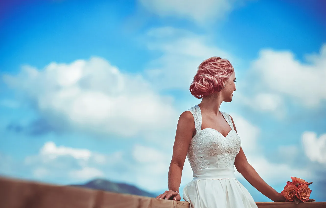 Photo wallpaper girl, hair, bouquet, dress, pink, wedding