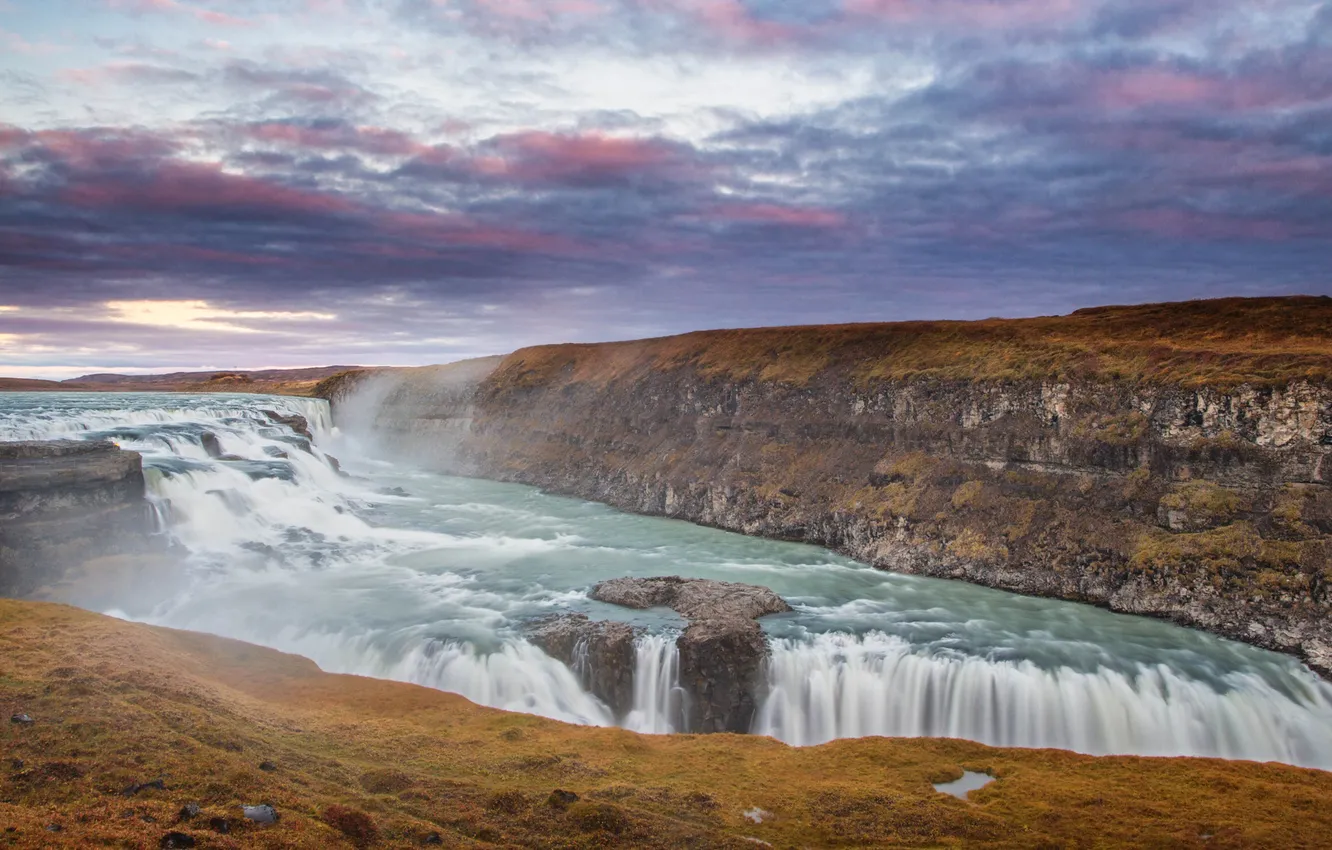 Photo wallpaper the sky, clouds, river, waterfall, gorge, Iceland