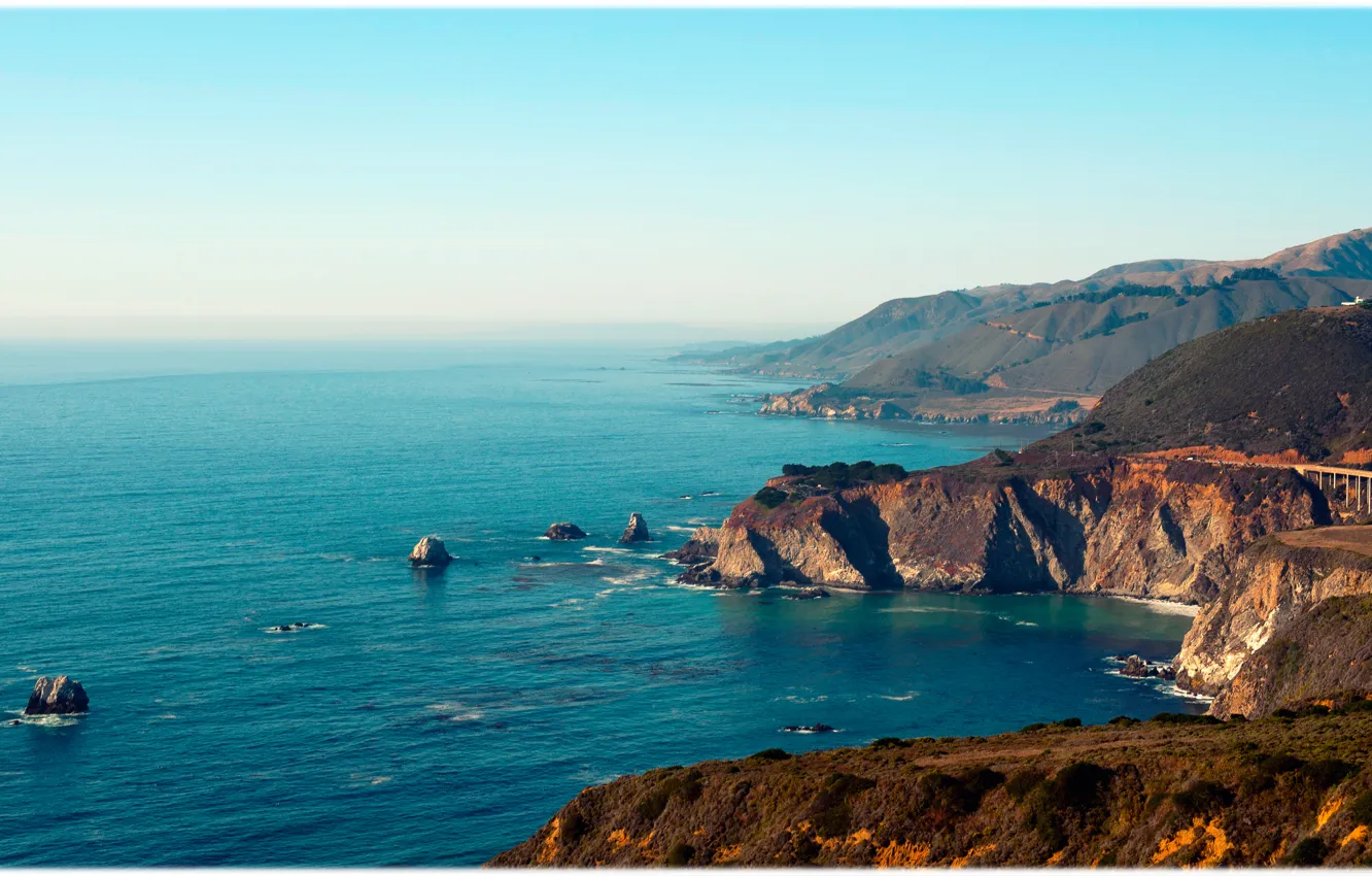 Photo wallpaper hills, Bay, CA, rock, Big Sur, coniferous forests, stunning landscape, Pacific coast