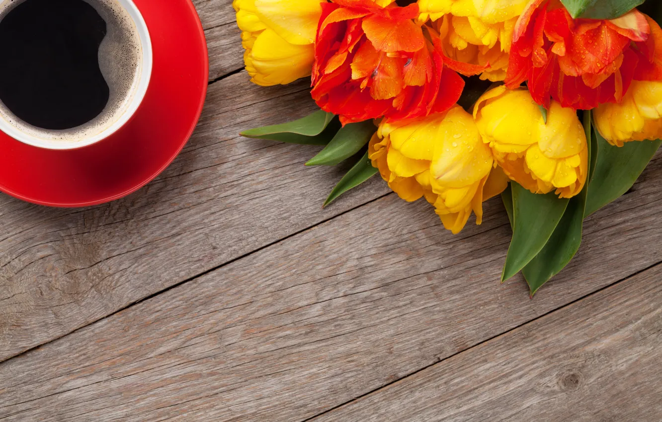 Photo wallpaper coffee, bouquet, colorful, tulips, yellow, flowers, cup, tulips