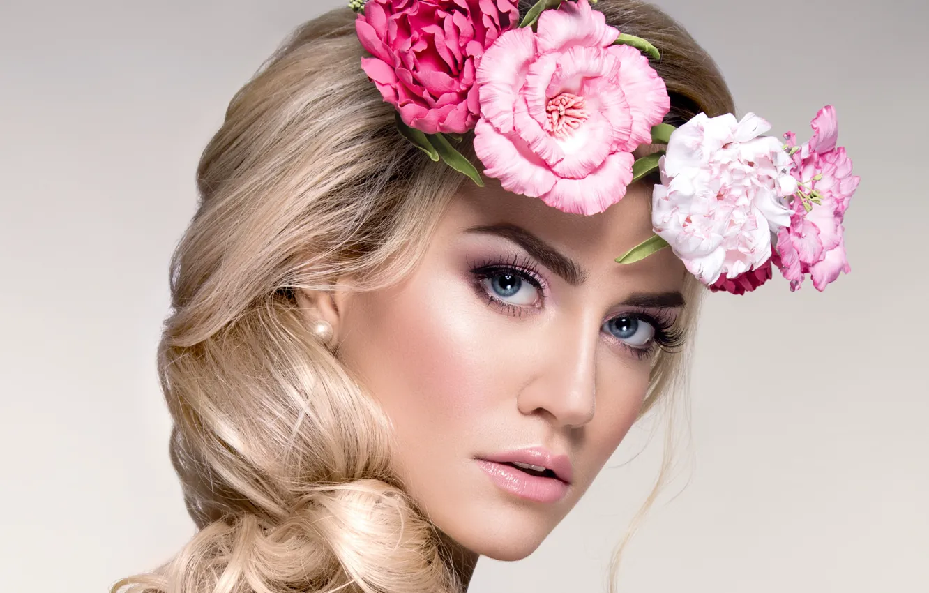 Photo wallpaper look, girl, flowers, makeup, blonde, wreath, Demidenko