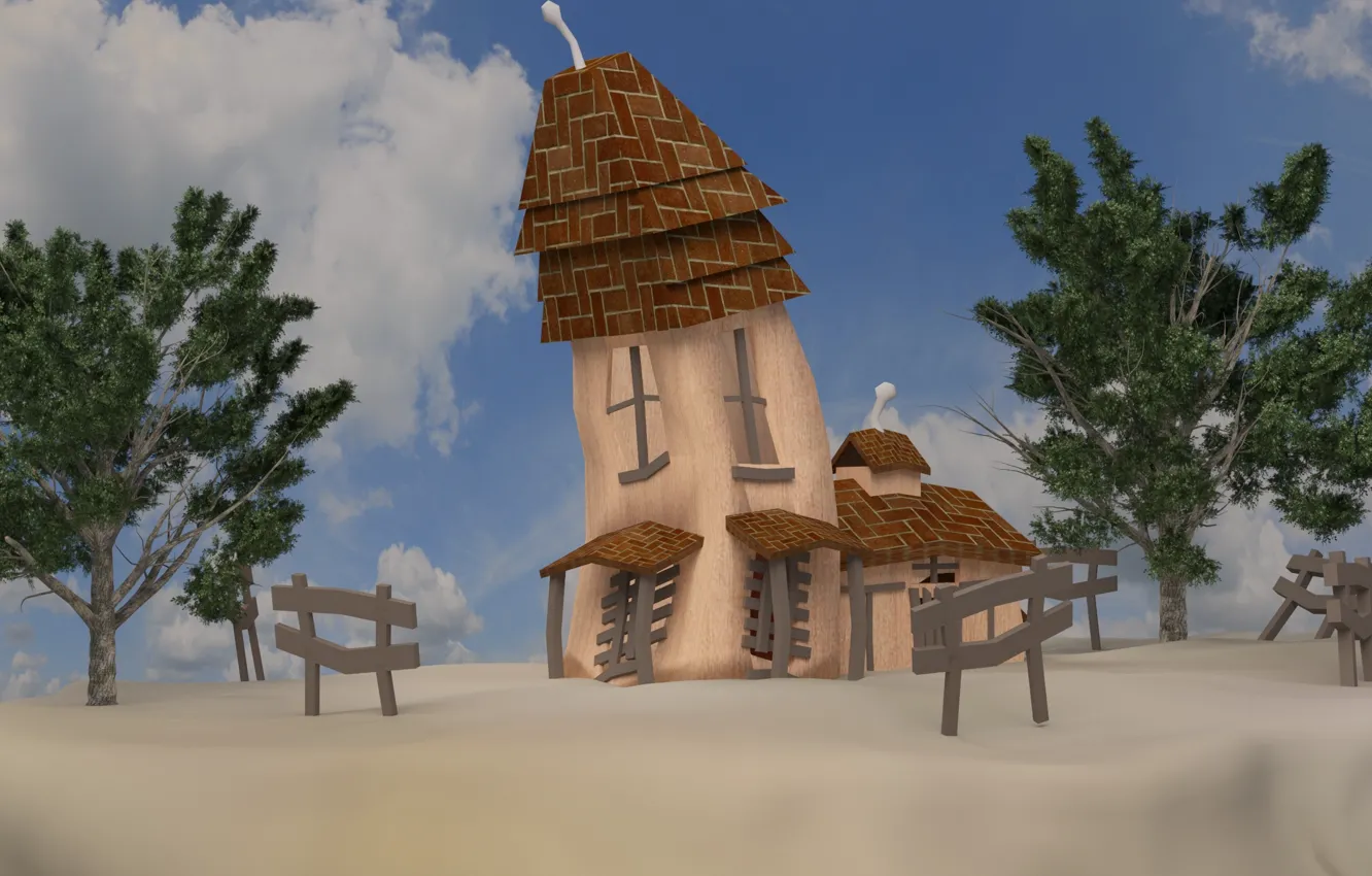 Photo wallpaper the sun, trees, comfort, cartoon, house, Max, Vray, 3Ds