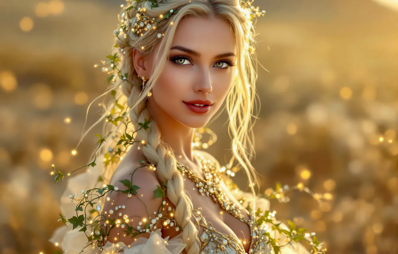 Photo wallpaper field, chest, look, girl, light, lights, dress, fantasy