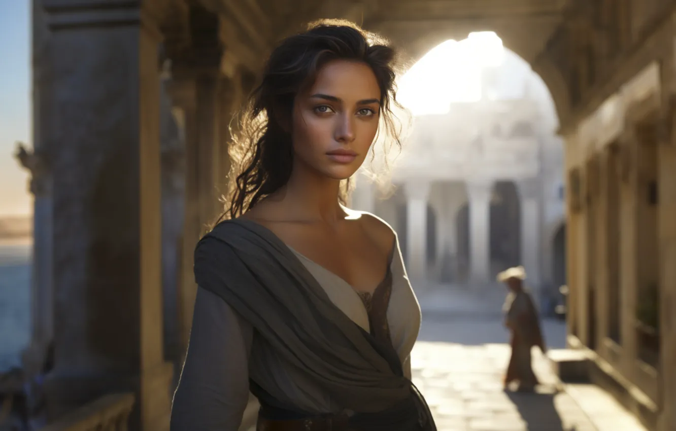 Photo wallpaper look, girl, portrait, columns, Palace, AI art, neural network