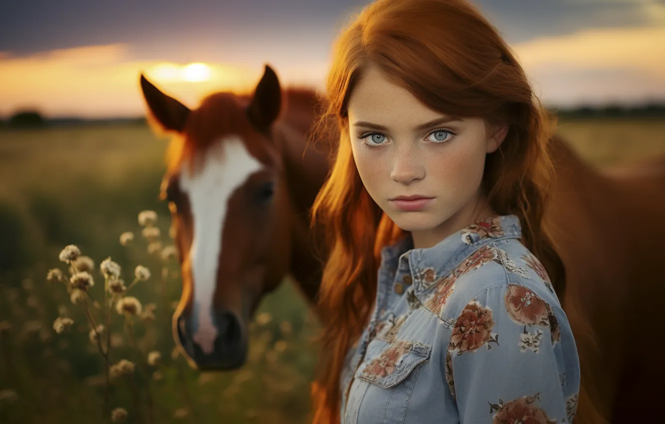 Wallpaper horse, horse, girl, AI art, neural network for mobile and
