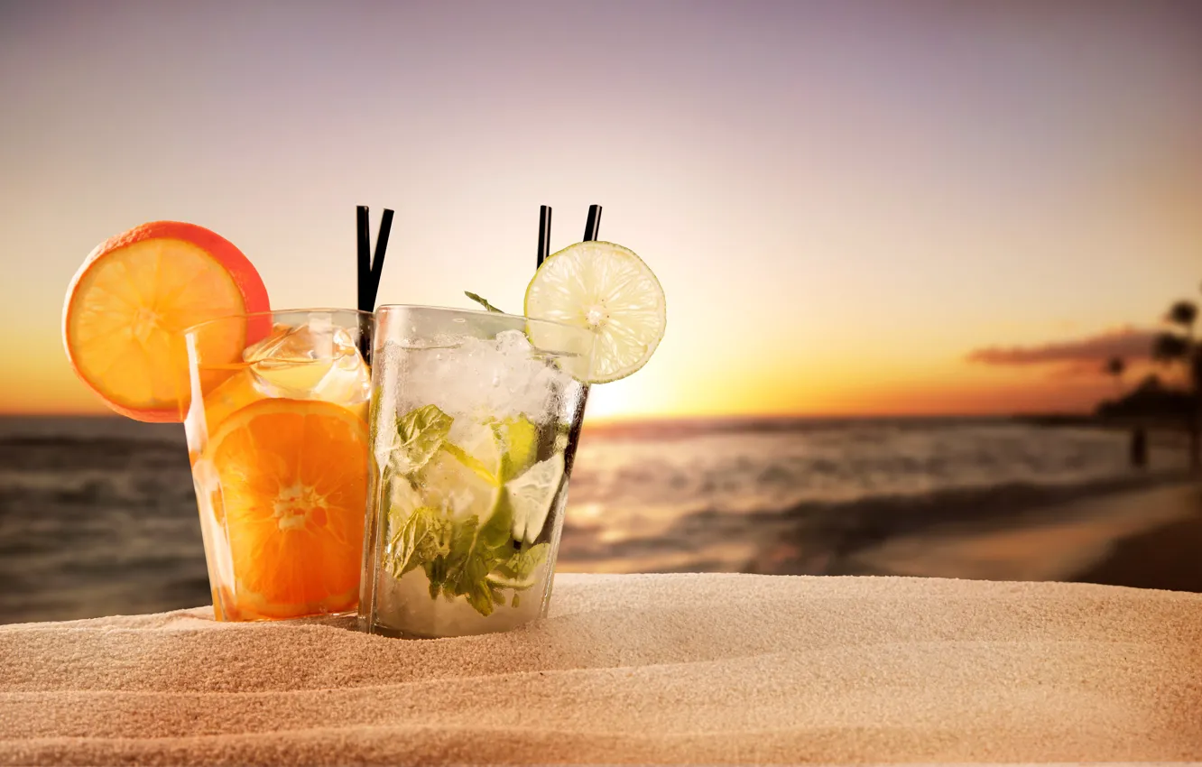 Photo wallpaper sand, sea, beach, the sky, landscape, sunset, glass, cocktail