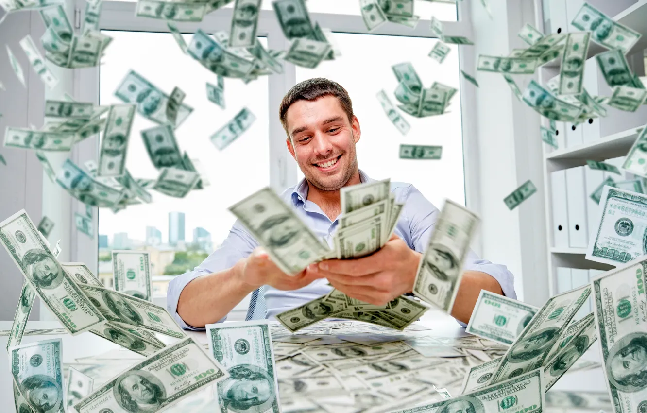 Photo wallpaper joy, happiness, table, money, window, male, dollars, bills
