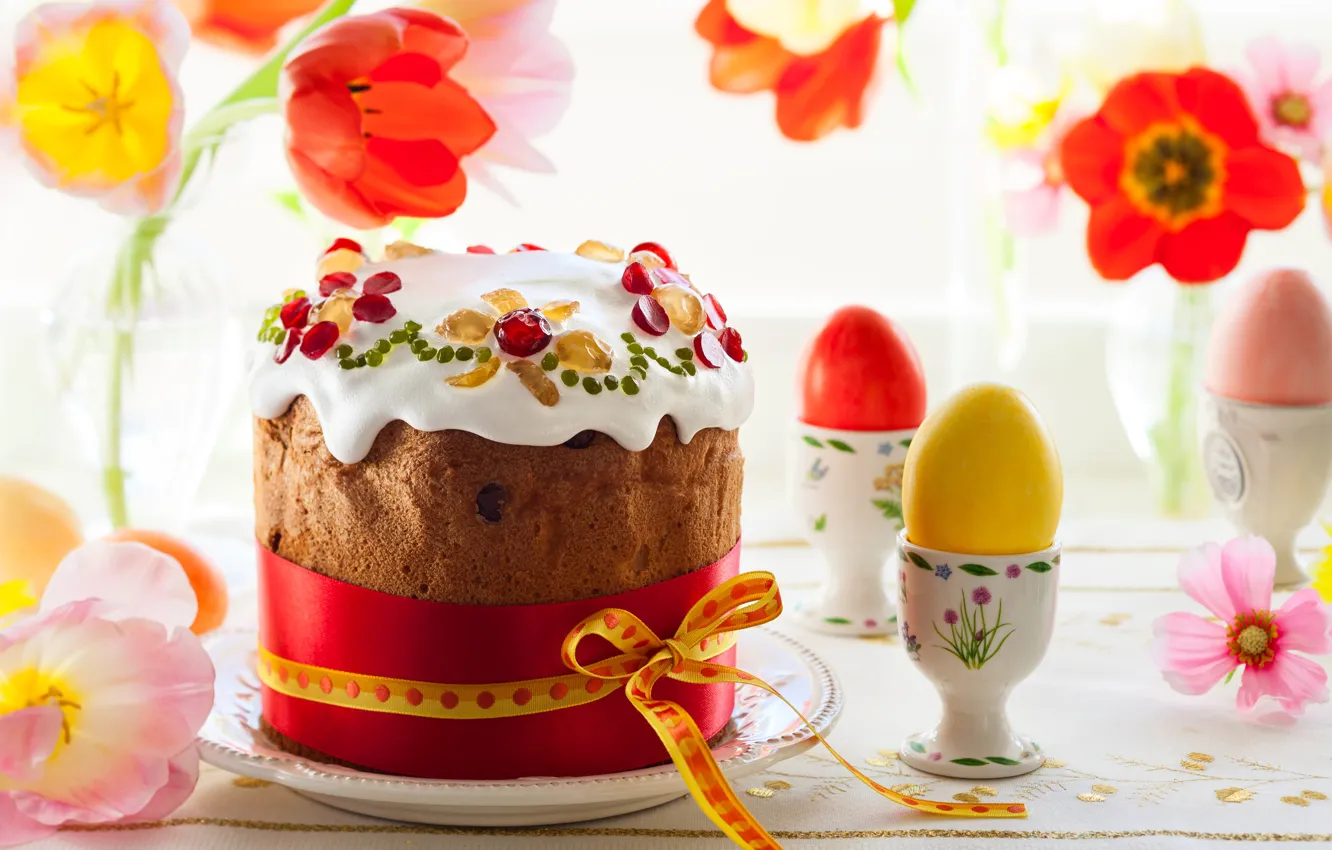 Photo wallpaper flowers, eggs, Easter, tulips, cake, candied