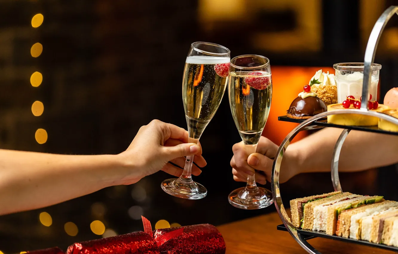 Photo wallpaper holiday, hands, glasses, sweets, champagne, two