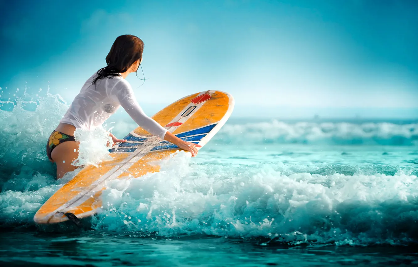 Photo wallpaper sea, wave, water, girl, sport, Surfing, water sports