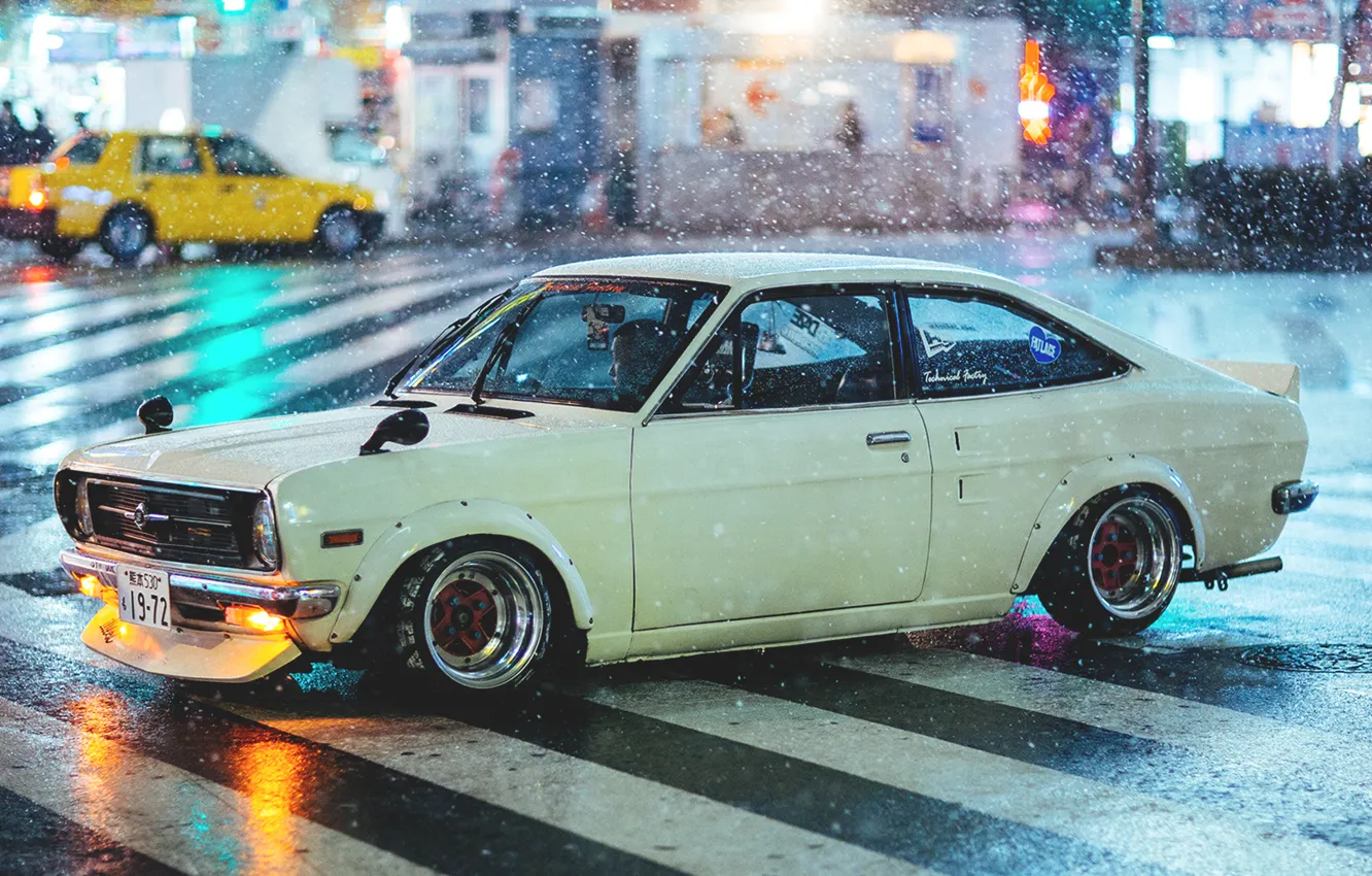 Photo wallpaper rain, street, rain, street, datsun, Datsun