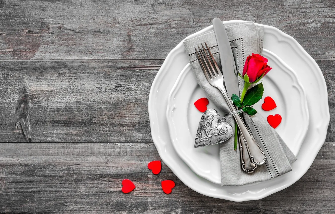 Photo wallpaper heart, rose, plate, knife, plug, napkin, serving
