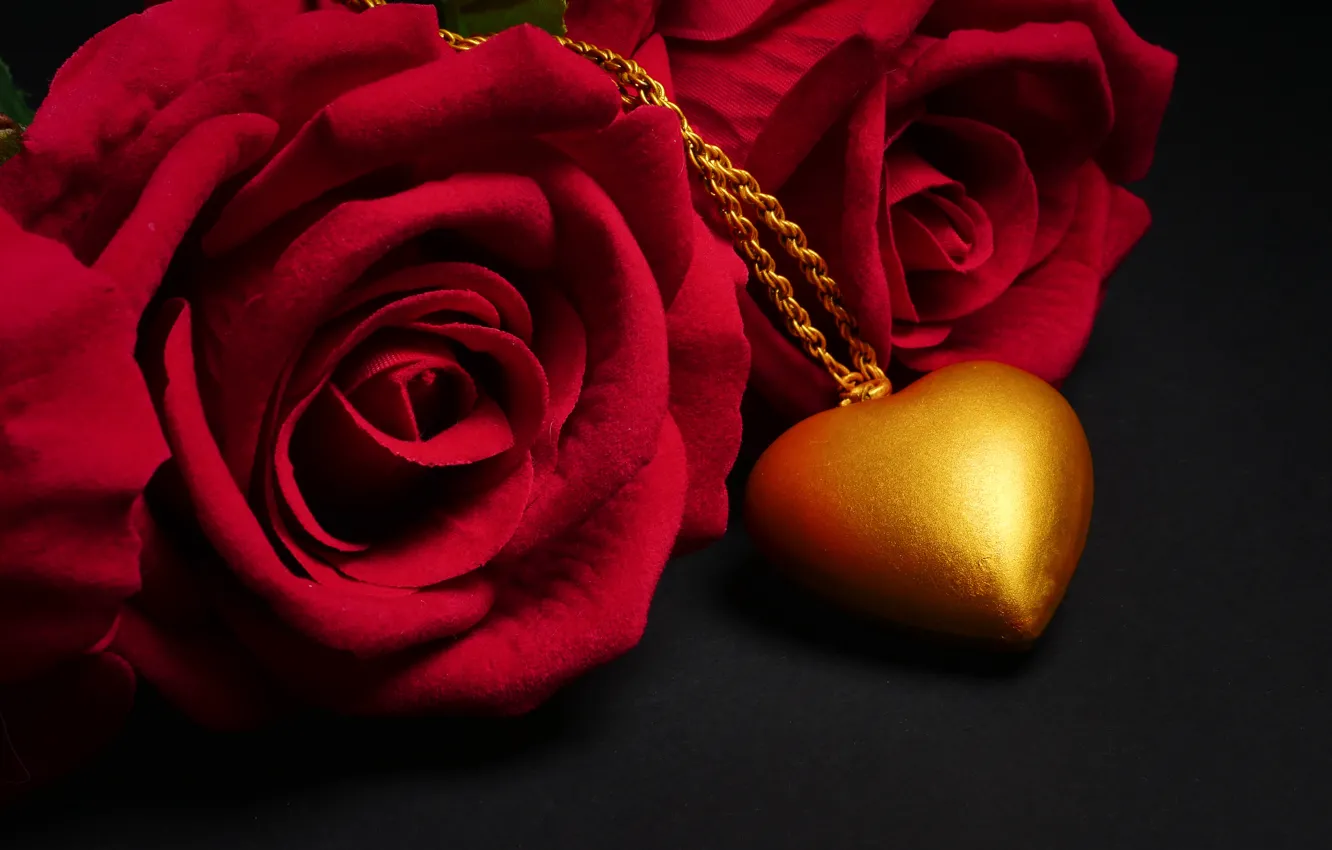 Photo wallpaper flowers, red, heart, roses, pendant, red, love, black background