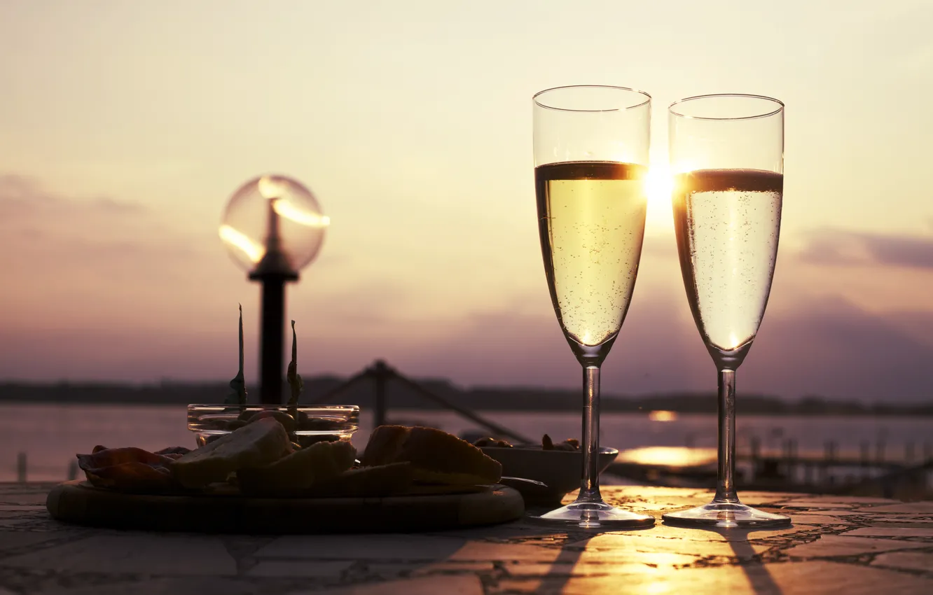 Photo wallpaper sunset, the evening, glasses, champagne, sun, romantic, drink, date