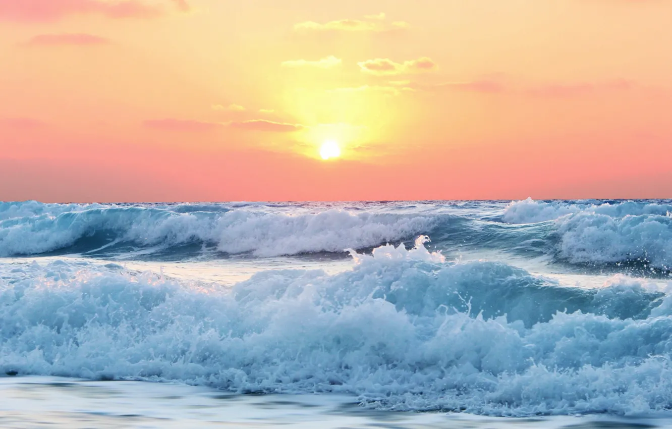 Photo wallpaper waves, beach, sea, ocean, seascape, morning, sunrise, dusk