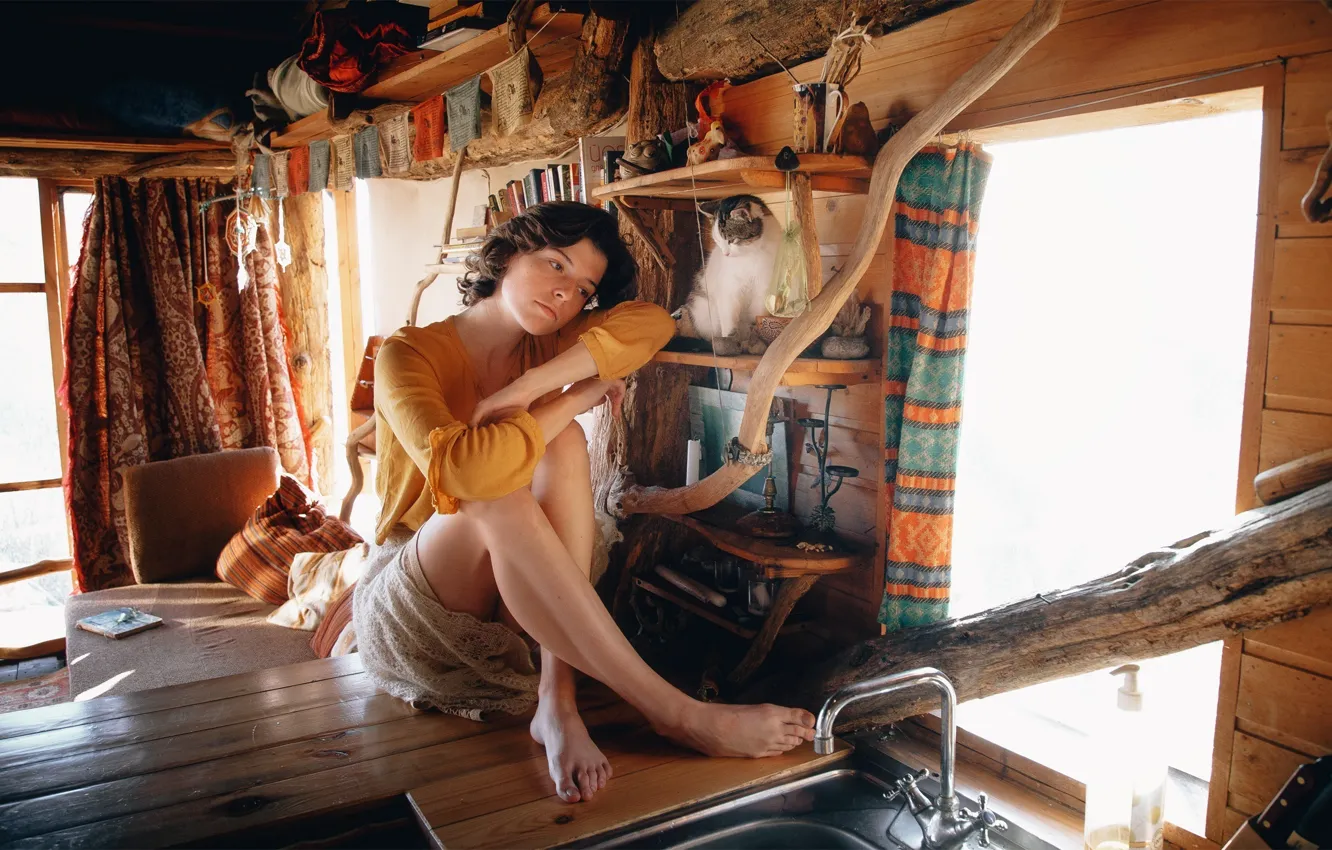 Photo wallpaper cat, look, girl, pose, room, home, window, Andrey Vasilyev